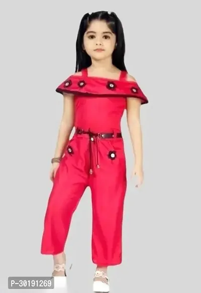 Elegant Red Cotton Blend Embroidered Jumpsuits For Girls-thumb0