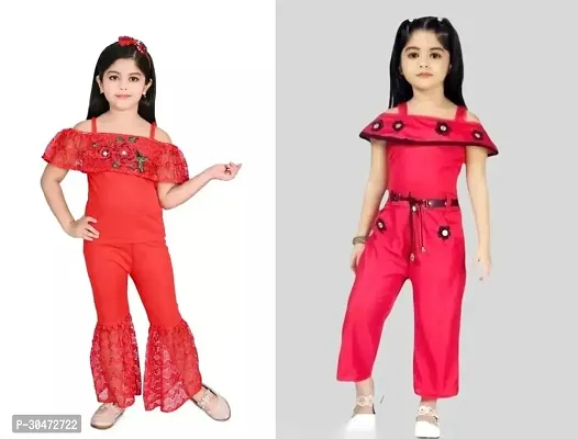 Fabulous Red Cotton Blend Embroidered Partywear Dress For Girls Pack Of 2-thumb0