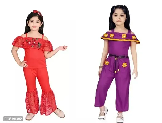 Elegant Cotton Blend Embroidered Jumpsuits For Girls- Pack Of 2