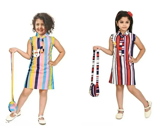 Elegant Blend Striped Dresses For Girls- Pack Of 2