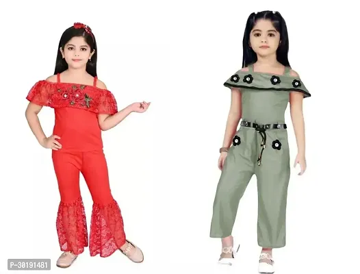 Elegant Cotton Blend Embroidered Jumpsuits For Girls- Pack Of 2