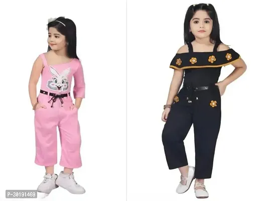 Elegant Cotton Blend Embroidered Jumpsuits For Girls- Pack Of 2-thumb0