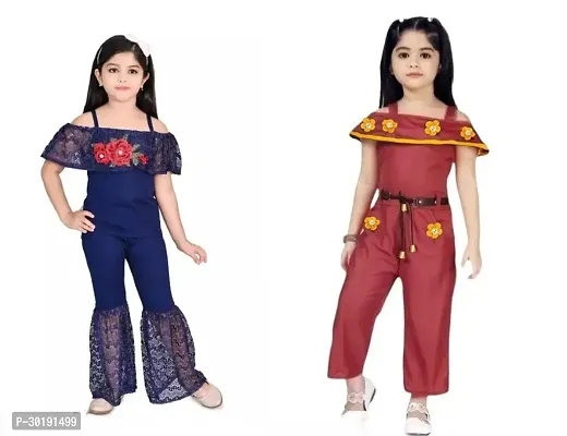 Elegant Cotton Blend Embroidered Jumpsuits For Girls- Pack Of 2-thumb0