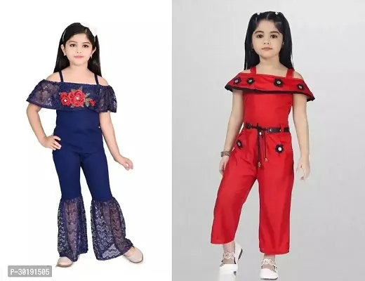 Elegant Cotton Blend Embroidered Jumpsuits For Girls- Pack Of 2