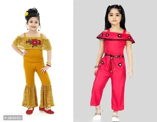 Elegant Cotton Blend Embroidered Jumpsuits For Girls- Pack Of 2