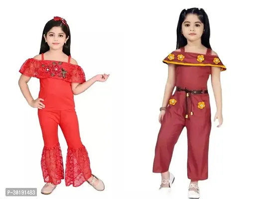 Elegant Cotton Blend Embroidered Jumpsuits For Girls- Pack Of 2-thumb0