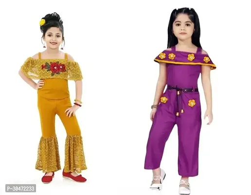 Fabulous Multicoloured Cotton Blend Embroidered Partywear Dress For Girls Pack Of 2