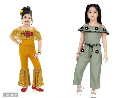 Elegant Cotton Blend Embroidered Jumpsuits For Girls- Pack Of 2-thumb0