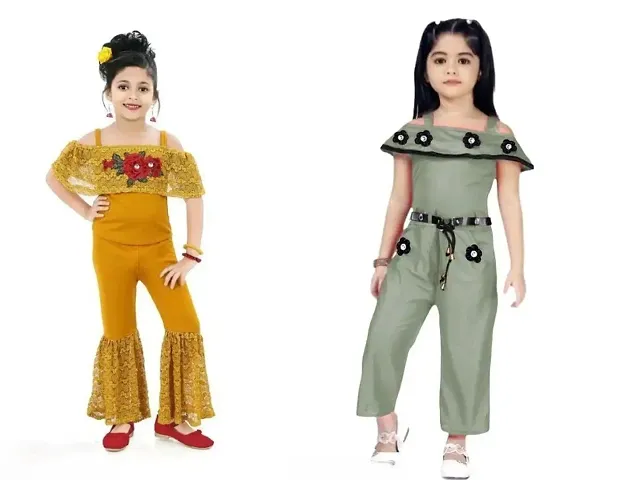 Elegant Cotton Blend Embroidered Jumpsuits For Girls- Pack Of 2