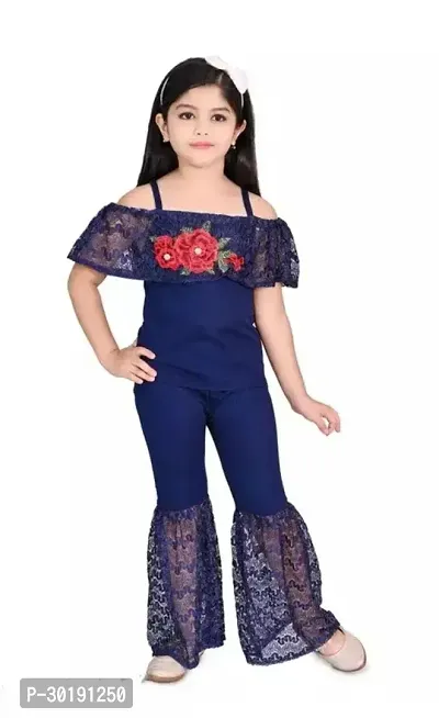 Elegant Navy Blue Cotton Blend Embroidered Jumpsuits For Girls