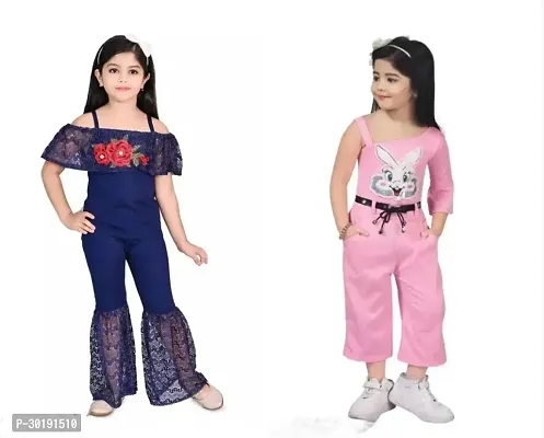 Elegant Cotton Blend Embroidered Jumpsuits For Girls- Pack Of 2