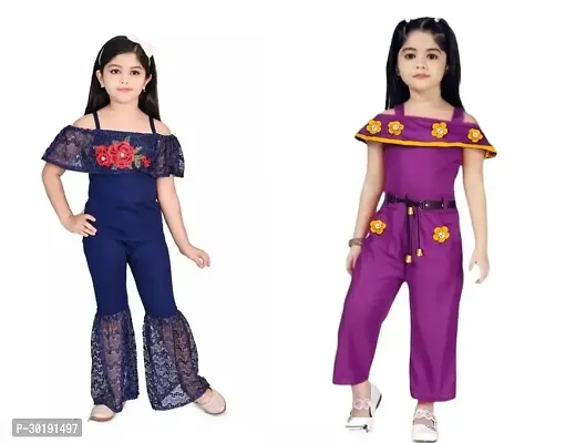 Elegant Cotton Blend Embroidered Jumpsuits For Girls- Pack Of 2