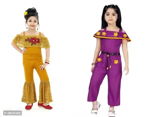 Elegant Cotton Blend Embroidered Jumpsuits For Girls- Pack Of 2-thumb0