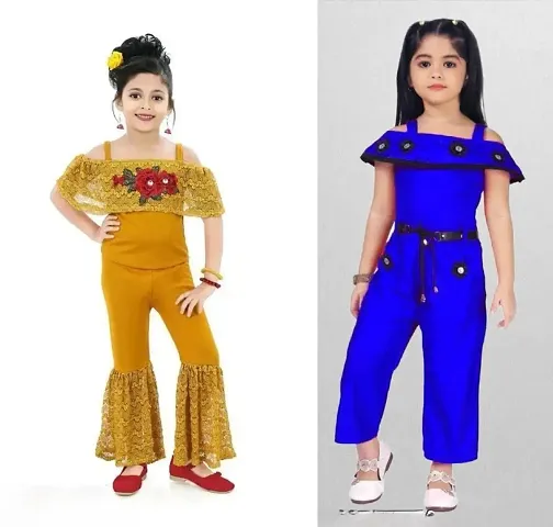 Elegant Cotton Blend Embroidered Jumpsuits For Girls- Pack Of 2