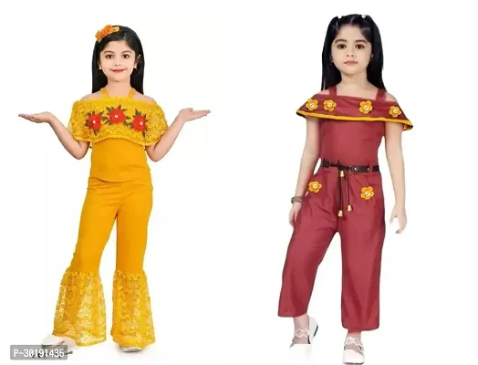 Elegant Cotton Blend Embroidered Jumpsuits For Girls- Pack Of 2