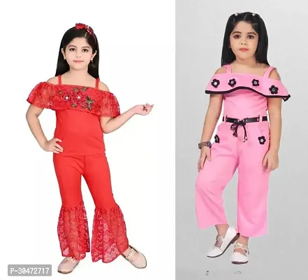 Fabulous Multicoloured Cotton Blend Embroidered Partywear Dress For Girls Pack Of 2