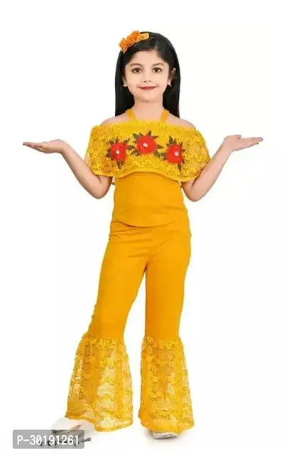 Elegant Yellow Cotton Blend Embroidered Jumpsuits For Girls-thumb0