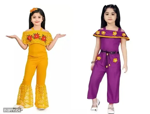 Elegant Cotton Blend Embroidered Jumpsuits For Girls- Pack Of 2-thumb0