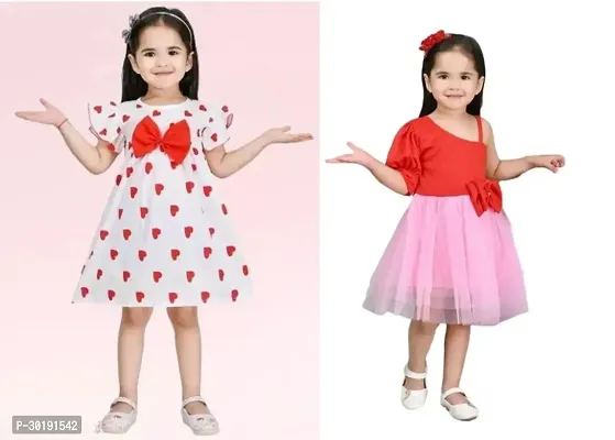 Elegant Cotton Blend Printed Dresses For Girls- Pack Of 2