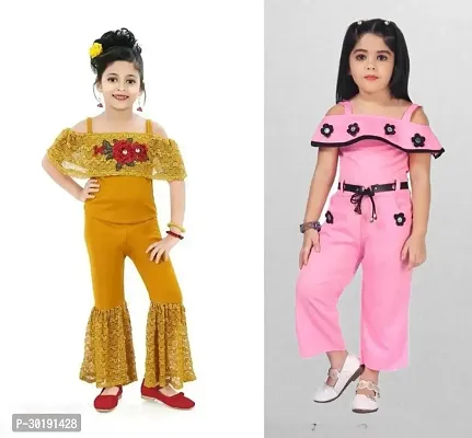 Elegant Cotton Blend Embroidered Jumpsuits For Girls- Pack Of 2