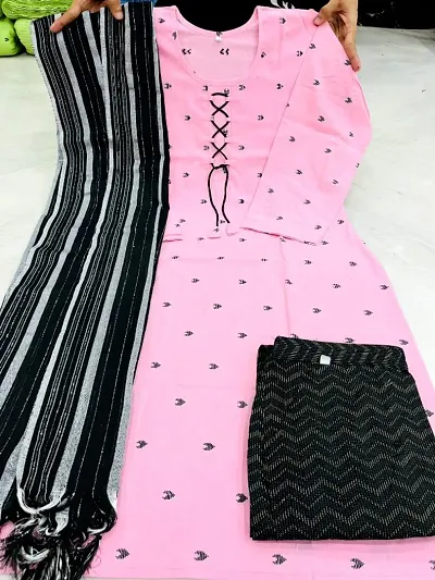 Stylish Fancy Designer Cotton Kurta With Bottom and Dupatta Set