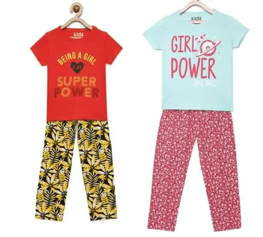 Girl's Cotton Half Sleeve Printed T-Shirts and pant combo pack of 2