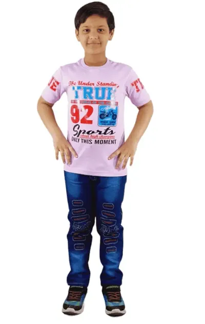 Boys Half Sleeve Round Neck T Shirt with Jeans Full Pant