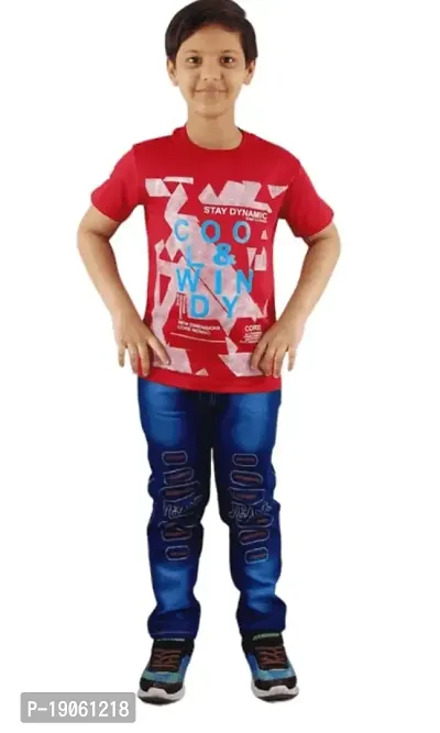 Boys Pure Cotton Half sleeve Round Neck Printed T-Shirt with Denim Jeans Full Pant-thumb0