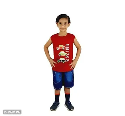 Boy's Pure Cotton Sleeveless Round Neck Printed Cotton T-Shirt with Denim Short Pant