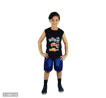 Boy's Pure Cotton Sleeveless Round Neck Printed Cotton T-Shirt with Denim Short Pant-thumb0