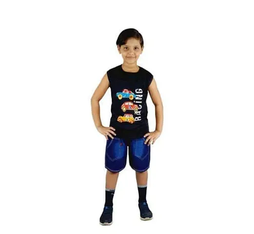 Boy's Pure Sleeveless Round Neck T-Shirt with Short Pant