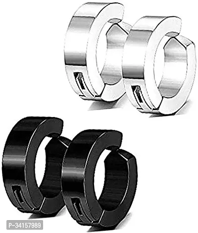 Mens Earring non piercing Black, Silver Huggie Ear Studs Metal Jewelry for Boys Clip on Style-thumb0