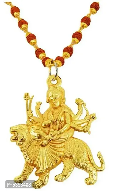 Religious Jewelry Lord Jai Durga Maa Sheravali Locket With Puchmukhi Rudraksha Mala Gold-plated Plated Brass, Wood Chain