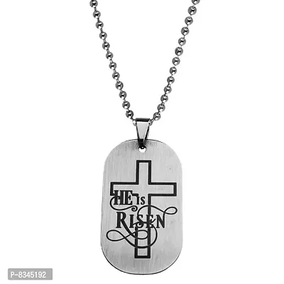 M Men Style Religious Crusifix Cross He Is Risen Silver Stainless Steel Pendant