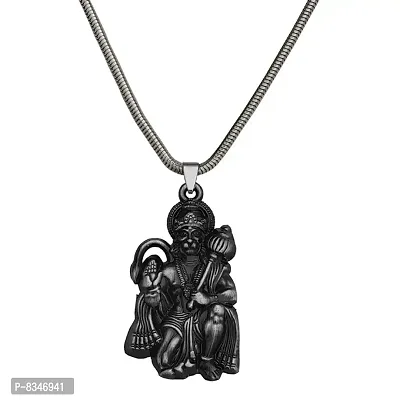M Men Style Hindu Lord Bajrangbali Hanuman Locket With Snake Chain Grey Zinc Metal Pendant