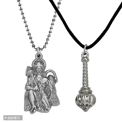 M Men Style Hindu Lord Bajrangbali Hanuman Locket With Gada Silver Zinc Metal Pendant