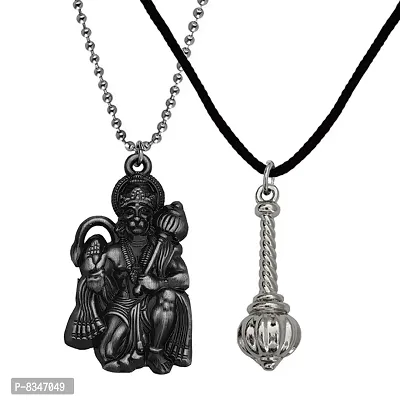 M Men Style Hindu Lord Bajrangbali Hanuman Locket With Gada Grey Silver Zinc Metal Pendant