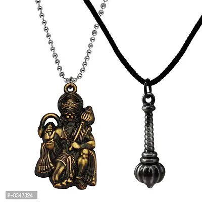 M Men Style Hindu Lord Bajrangbali Hanuman Locket With Gada Bronze Grey Zinc Metal Pendant