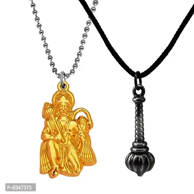 M Men Style Hindu Lord Bajrangbali Hanuman Locket With Gada Gold Grey Zinc Metal Pendant