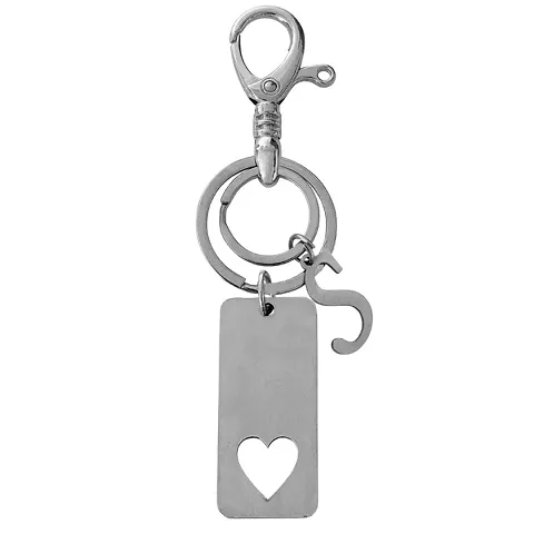 M Men Style Personalized Valentine Gift Heart In Rectangle Shape With Alphabet S  Silver  Stainless Steel Keychain For Men And Women