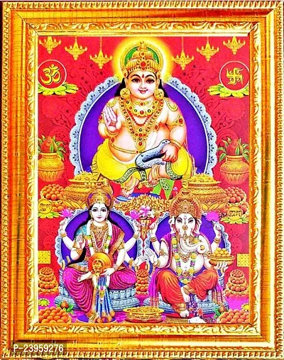 Shri Kuber |Shri Kubaren With Laxmi Ji And Ganesha Ji | Photo For Diwali Pooja Photo Frame Religious Frame In Pack Of 1