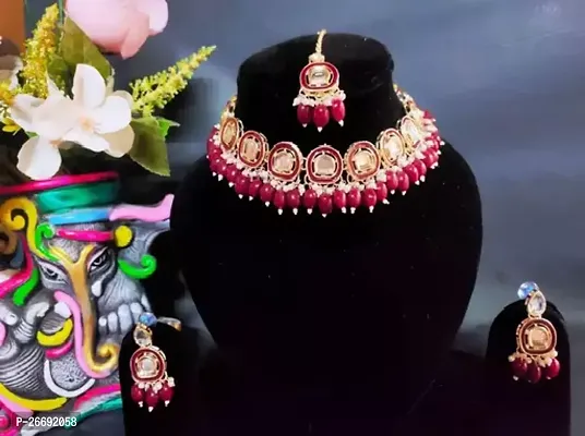 Stylish Maroon Brass Beads Jewellery Set For Women