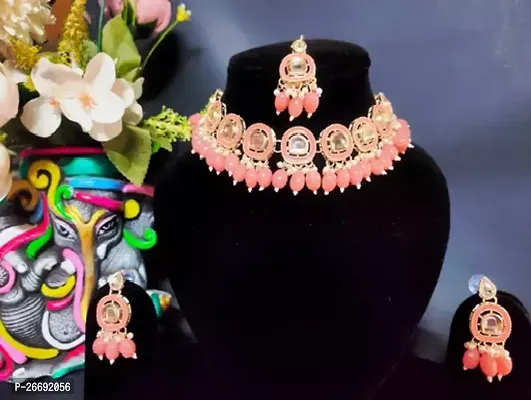 Stylish Pink Brass Beads Jewellery Set For Women