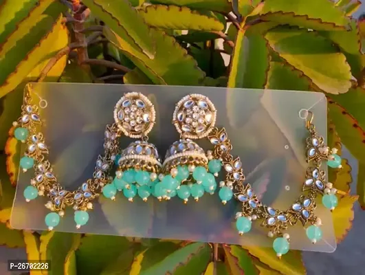 Green Brass Pearl Jhumkas Earrings For Women