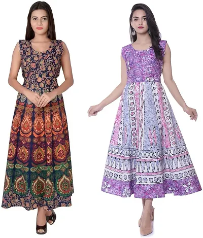 Designer Jaipuri Cotton Printed Midi Gown Kurta Pack Of 2