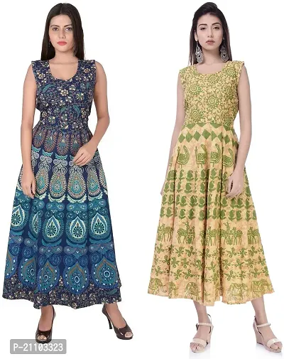 Jaipuri Cotton Printed Women Midi Gown Kurta Pack of 2