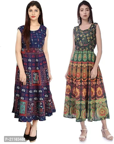 Jaipuri Cotton Printed Women Midi Gown Kurta Pack of 2