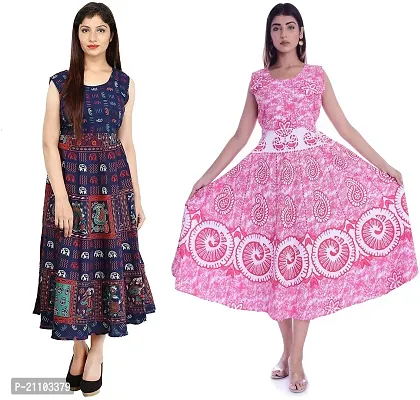 Jaipuri Cotton Printed Women Midi Gown Kurta Pack of 2