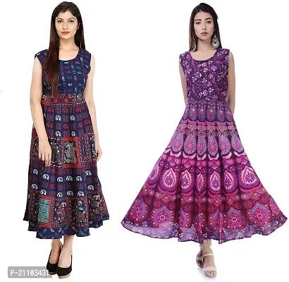 Jaipuri Cotton Printed Women Midi Gown Kurta Pack of 2-thumb0