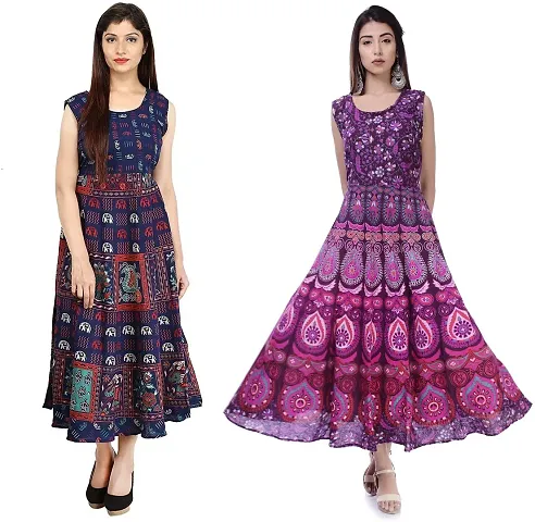 Jaipuri Cotton Printed Midi Gown Kurta Pack Of 2